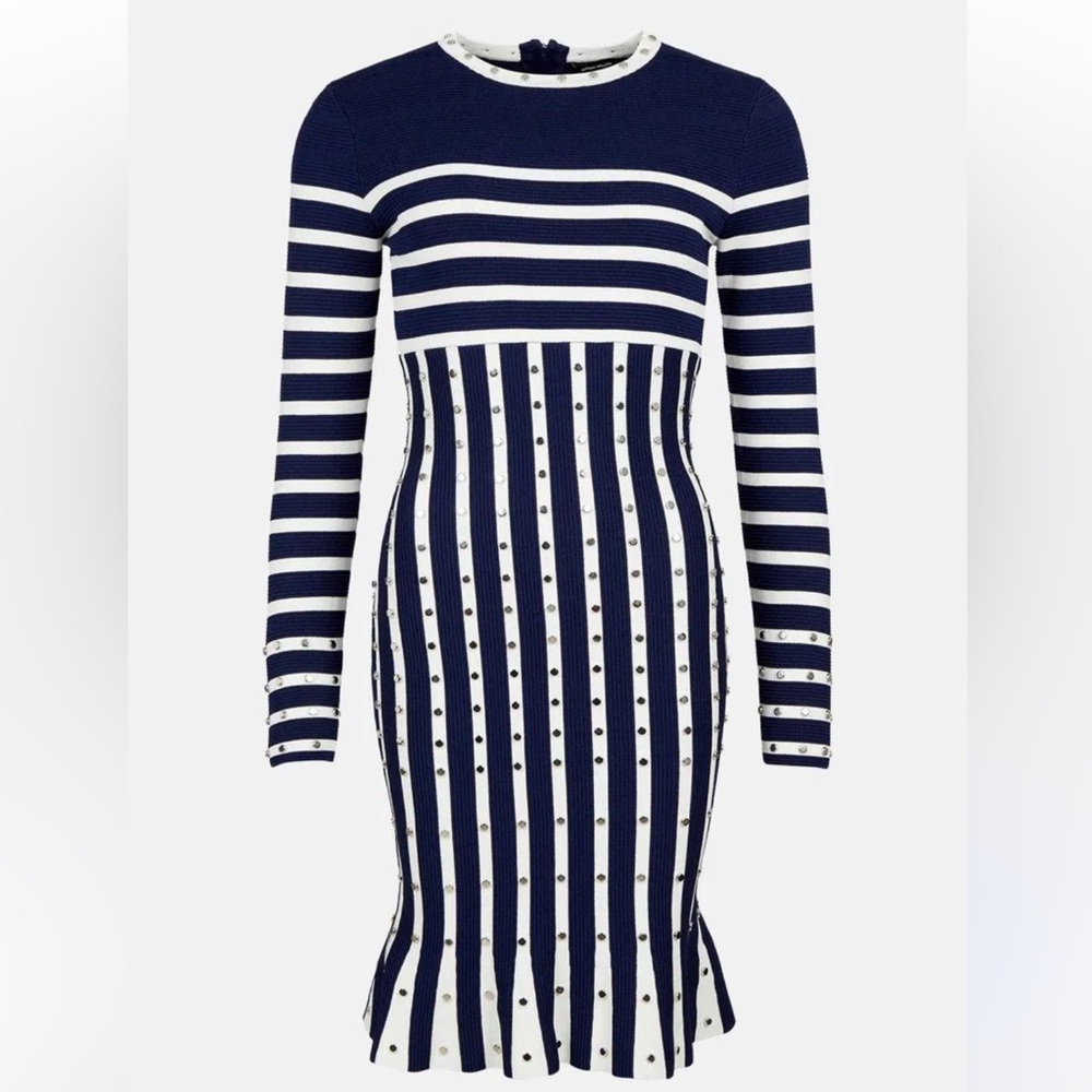 Karen Millen Studded Striped Peplum Knit Dress Size S In Navy Blue And White